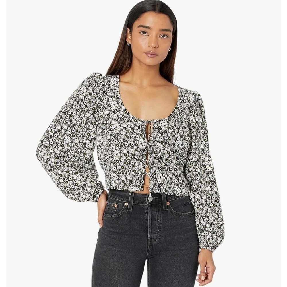 Levi's Daisy Floral Print Long Sleeve Blouse Tie Front V‎ Neck Women's Large